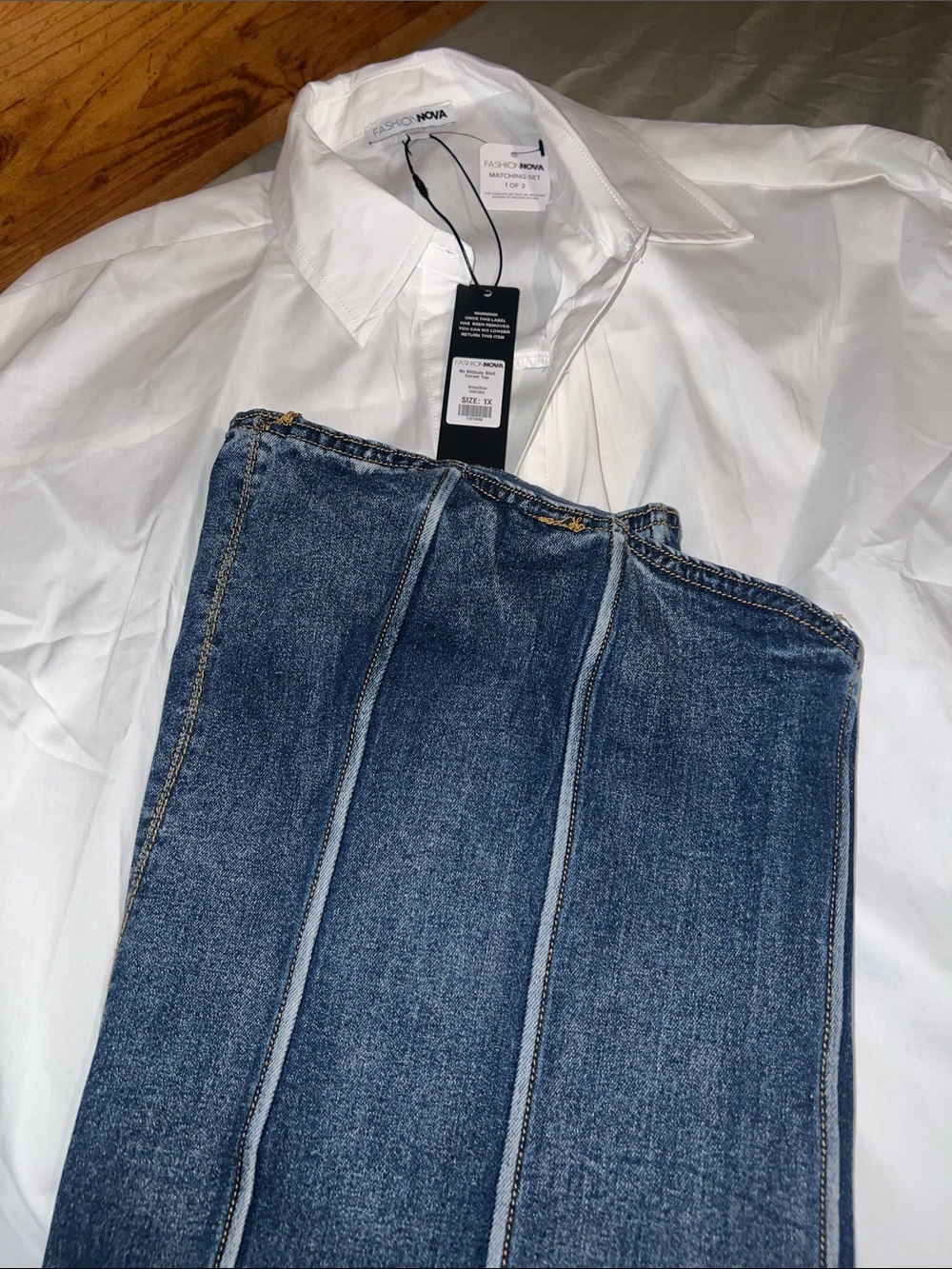 2 pc set Fitted Denim Corset Top in Indigo Blue and White Button Up - Picture 8 of 8